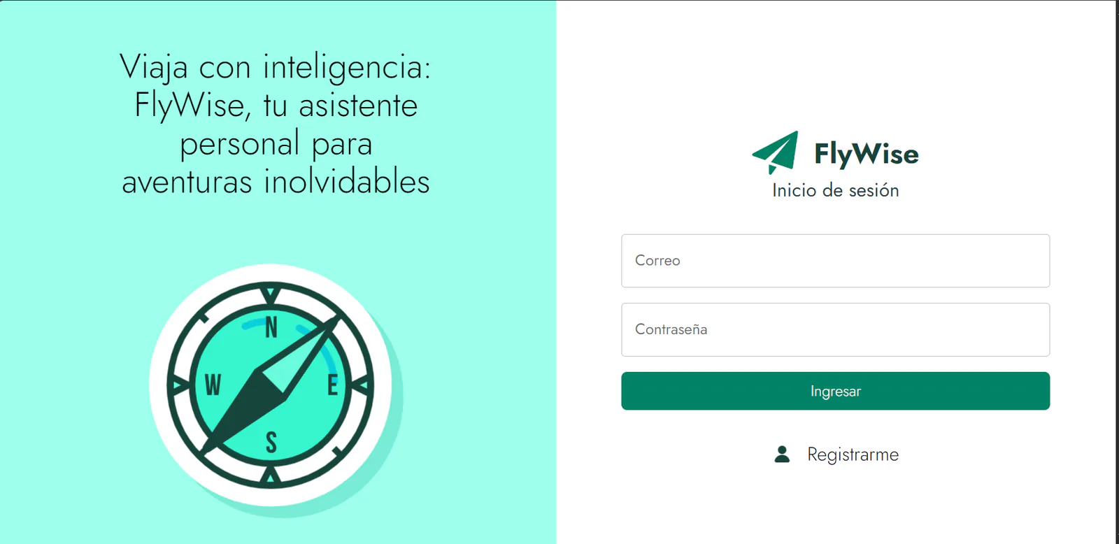 FlyWise login screen with email, password, and registration actions beside a compass illustration