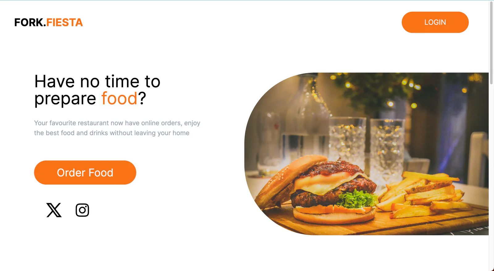 ForkFiesta landing page with restaurant branding, food photography, login, and order actions