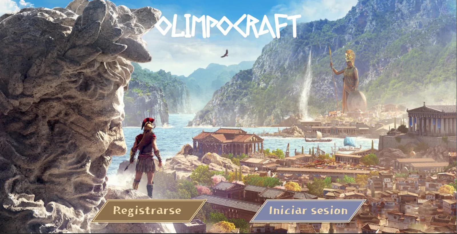 Olimpocraft welcome screen with Greek-themed artwork and registration and sign-in buttons