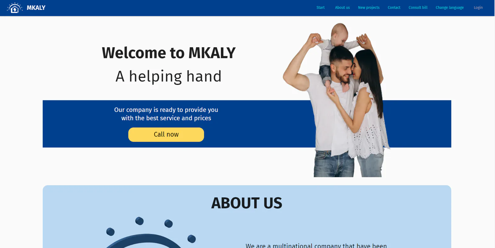 Mkaly public landing page with a welcome message, call-to-action banner, and About section